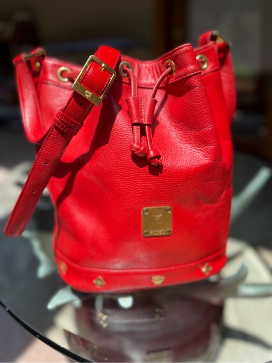 MCM Handbags - MCM Red Leather Drawstring Bucket Crossbody Bag Gold Hardware EUC Dust bag